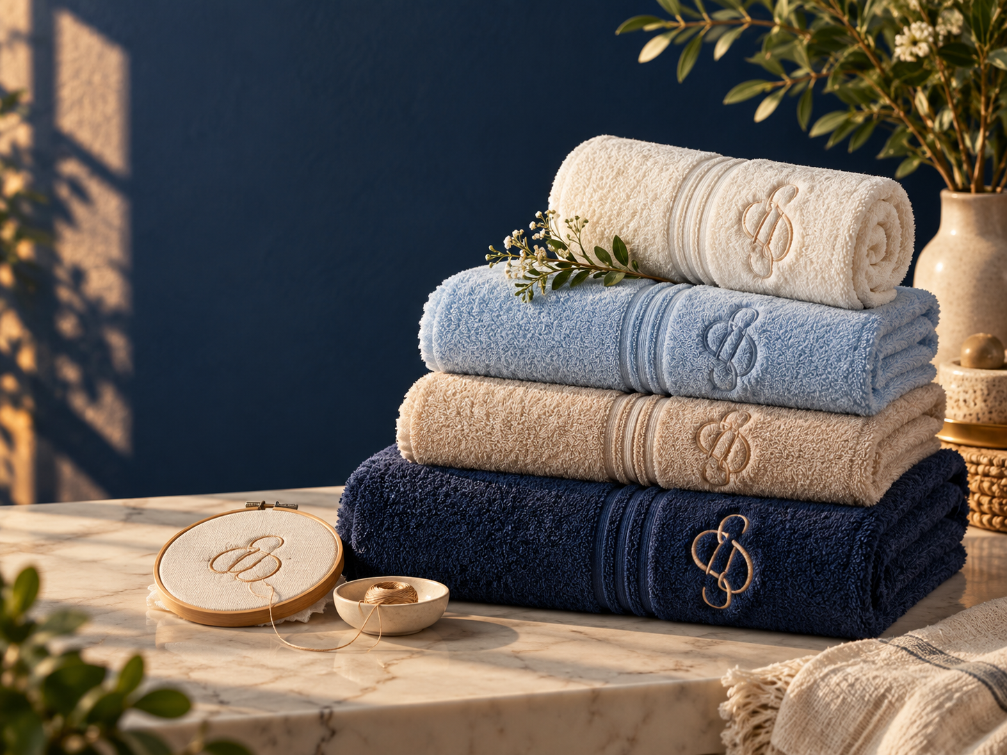 Conjunto de toalhas macias em tons azul, areia e marfim com bordados delicados